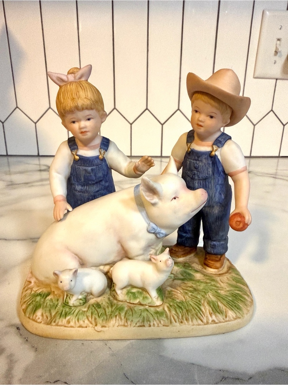 Vintage 1985 Homco Denim Days #8813 Boy & Girl with Pig & Piglets